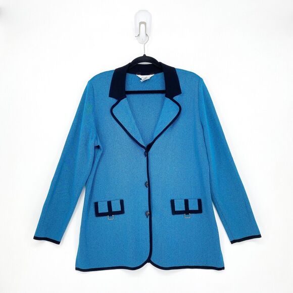 VTG Misook Exclusively Women L Blazer Jacket Turquoise Blue Shoulder Pad Acrylic - Picture 1 of 6
